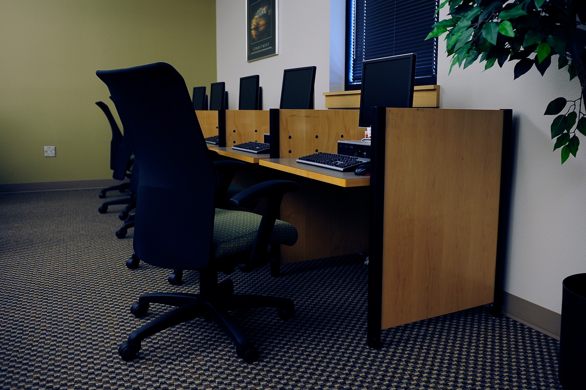 Twenty-nine computers fill the library at Whiteman Air Force Base, Mo., May 23, 2013. The computers, which have Internet access and the full Microsoft Office suite, can be used for educational purposes, such as printing papers and research. (U.S. Air Force photo by Airman 1st Class Shelby R. Orozco/Released)