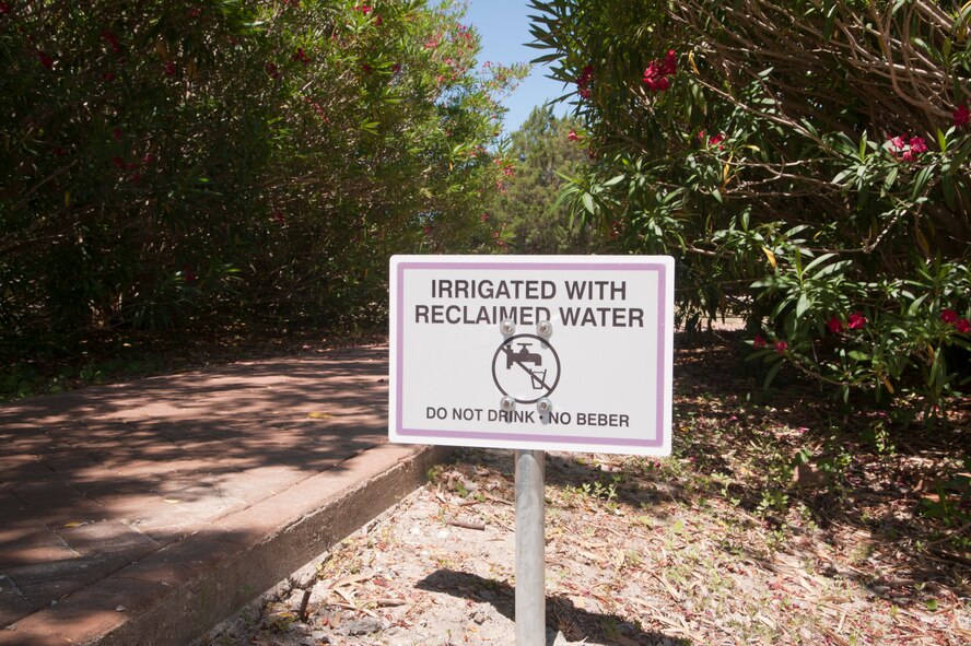 A sign states the area is irrigated with reclaimed water at the Air Park on Hurlburt Field, Fla., June 4, 2013. Signs have been posted in locations throughout Hurlburt Field where the reclaimed water will be used (U.S. Air Force photo by Airman 1st Class Jeffrey Parkinson)