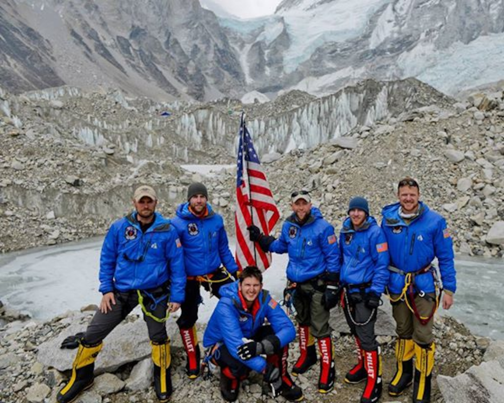 Members of the U.S. Air Force Seven Summits Challenge team pose for a photo on Mt. Everest.  The team climbed Mt. Everest, reaching the summit on May 20, 2013.  The team is an independent group of Airmen who, through the sport of mountain climbing, aim to spread goodwill about the Air Force.  The team is aptly named for its self-imposed challenge to climb the highest peak on each of the world’s continents.  Since 2005, the team has scaled Mt. Elbrus in Europe, Mt. Kilimanjaro in Africa, Mt. Aconcagua in South America, Mt. McKinley in North America, Mt. Vinson in Antarctica, Mt. Kosciuszko in Australia, and finally, signifying the completion of their goal, Mt. Everest in Asia.  (Courtesy Photo)