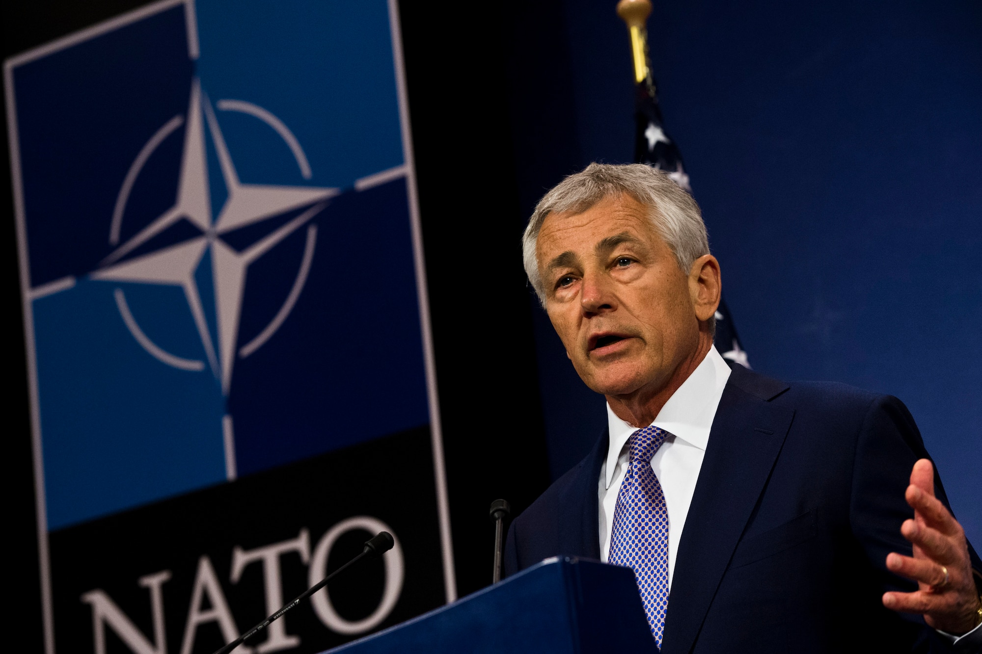 Defense Secretary Chuck Hagel describes the post-2014 mission in Afghanistan during a news conference at NATO headquarters in Brussels, June 5, 2013. (DOD photo by Erin A. Kirk-Cuomo/Released)  