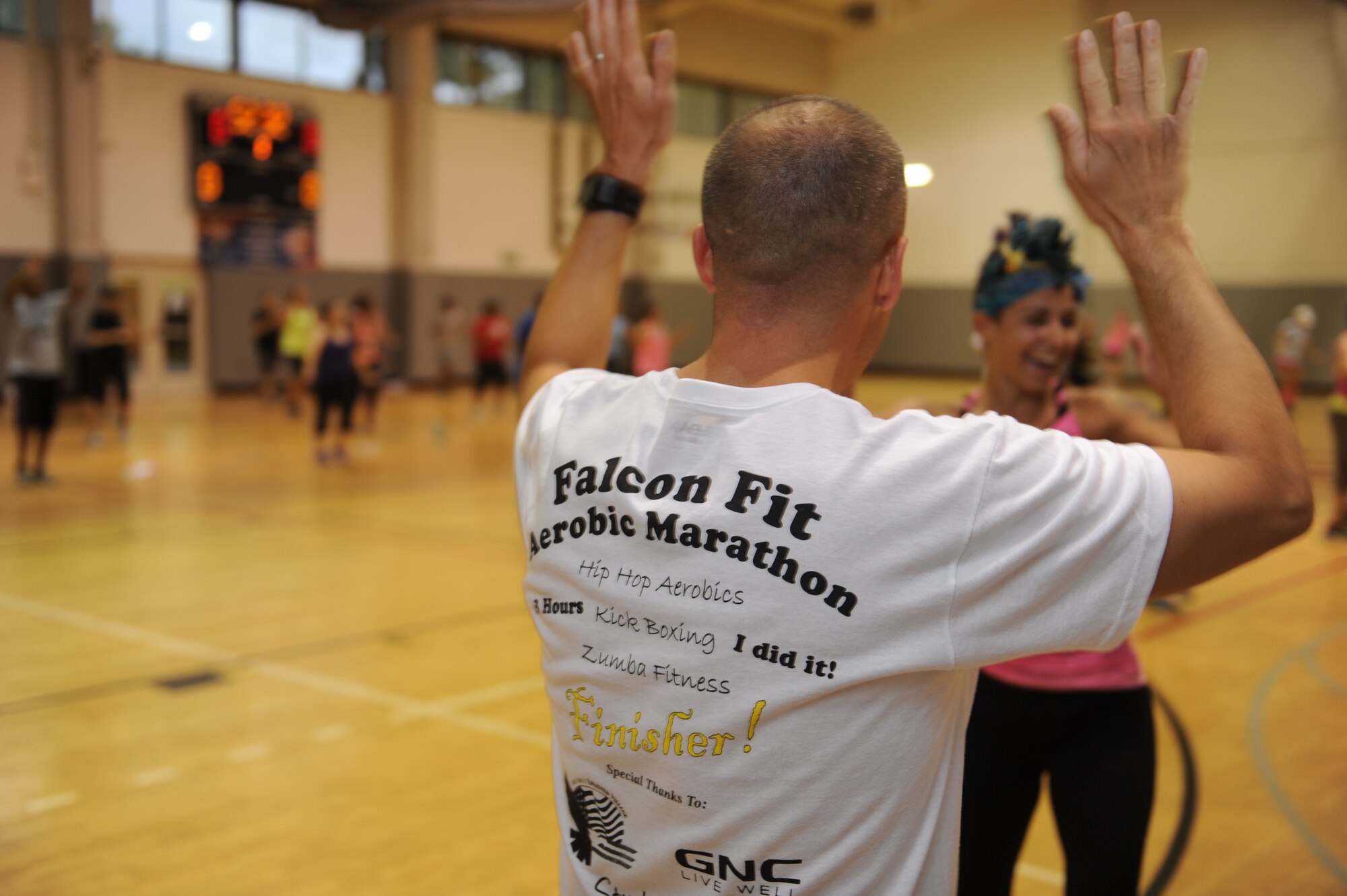 More than 40 personnel sweated, stretched and pushed their limits for three hours of zumba, cardio sculpting and hip-hop dancing aerobics at the Falcon Fit Aerobic Marathon at the Aderholt Fitness Center on Hurlburt Field, June 5, 2013. “The turnout was better than expected,” said Airman 1st Class Rebecca Holley, health services management for 1st Special Operations Medical Group. “We were hoping for 15 to 20 participants, but 44 [participants] was exceptional for us.” (U.S. Air Force photo by Senior Airman Kentavist P. Brackin)