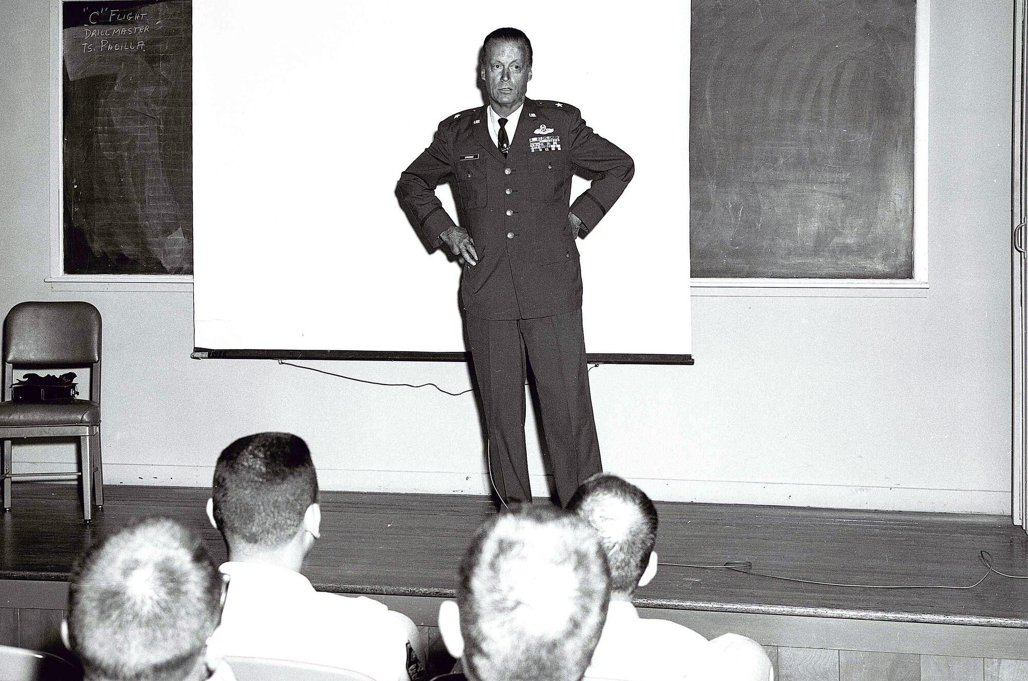 MCGHEE TYSON AIR NATIONAL GUARD BASE, Tenn. – U.S. Air National Guard Brig. Gen. William W. Spruance lectures students here at the I.G. Brown Training and Education Center. Spruance was a strong supporter of the Center, of which its multi-media building, Spruance Hall, was dedicated in his name. After surviving a fiery crash as a passenger in a T-33 in 1961, he made thousands of presentations on flying safety and crash survival and continued his lifelong support of aviation education and Air National Guard service. Spruance died Jan. 15, 2011. (U.S. Air National Guard file-photo/Released)