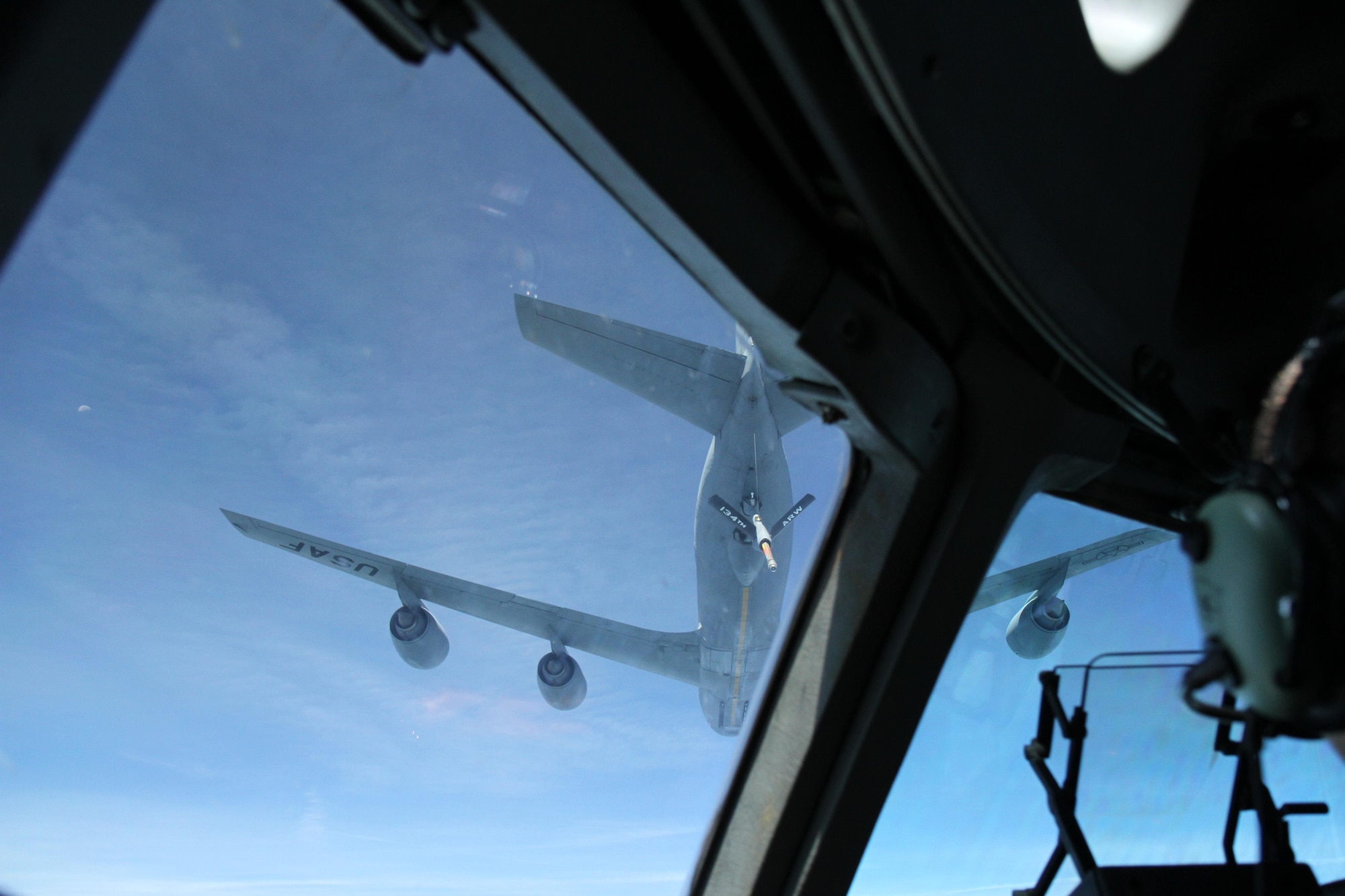 An Air Force KC-135E Stratotanker assigned to the 134th Air Refueling Wing, Tennessee Air National Guard conducts in-flight refueling operation during Joint Forces Exercise-Vulnerability on May 31, 3013. (Photo by: Maj. Loren Bymer)
