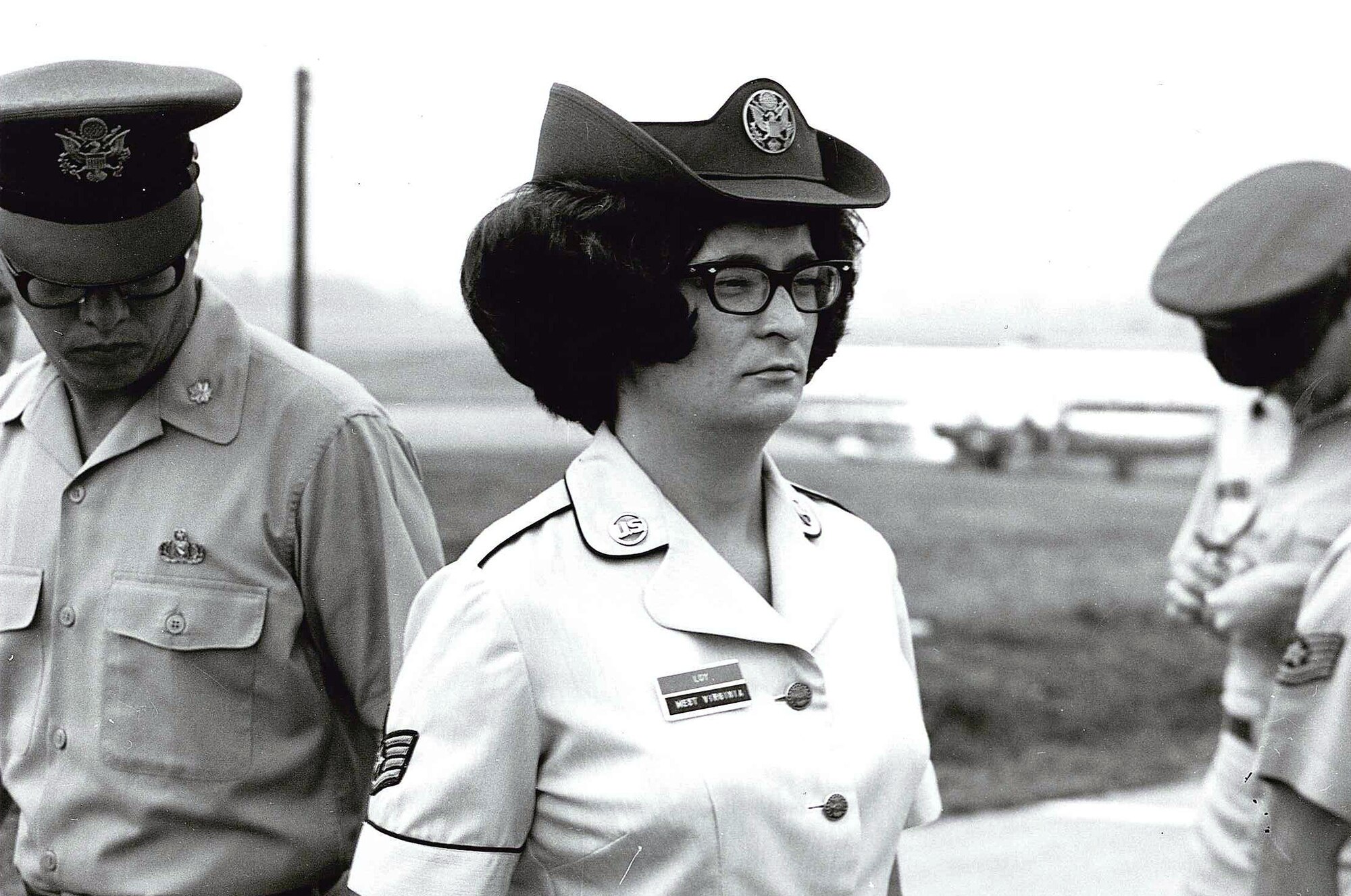 MCGHEE TYSON AIR NATIONAL GUARD BASE, Tenn. – U.S. Air National Guard Noncommissioned Officer Academy student, Staff Sgt. Mary Ellen Loy, gets inspected by Col. Edmund Morrisey, then head of the I.G. Brown Training and Education Center here, 1968-1983. Loy graduated to later earn recognition as one of the Air Guard's and the U.S. Air Force's first woman Outstanding Airmen of the Year. In its early beginnings, Women in the Air Force, or active duty WAF’s, first attended the Center.  Later, women attended on the same status as men after the WAF’s were abolished in 1976, the same year the Air Force Academy begin accepting females.  (U.S. Air National Guard file-photo/Released)