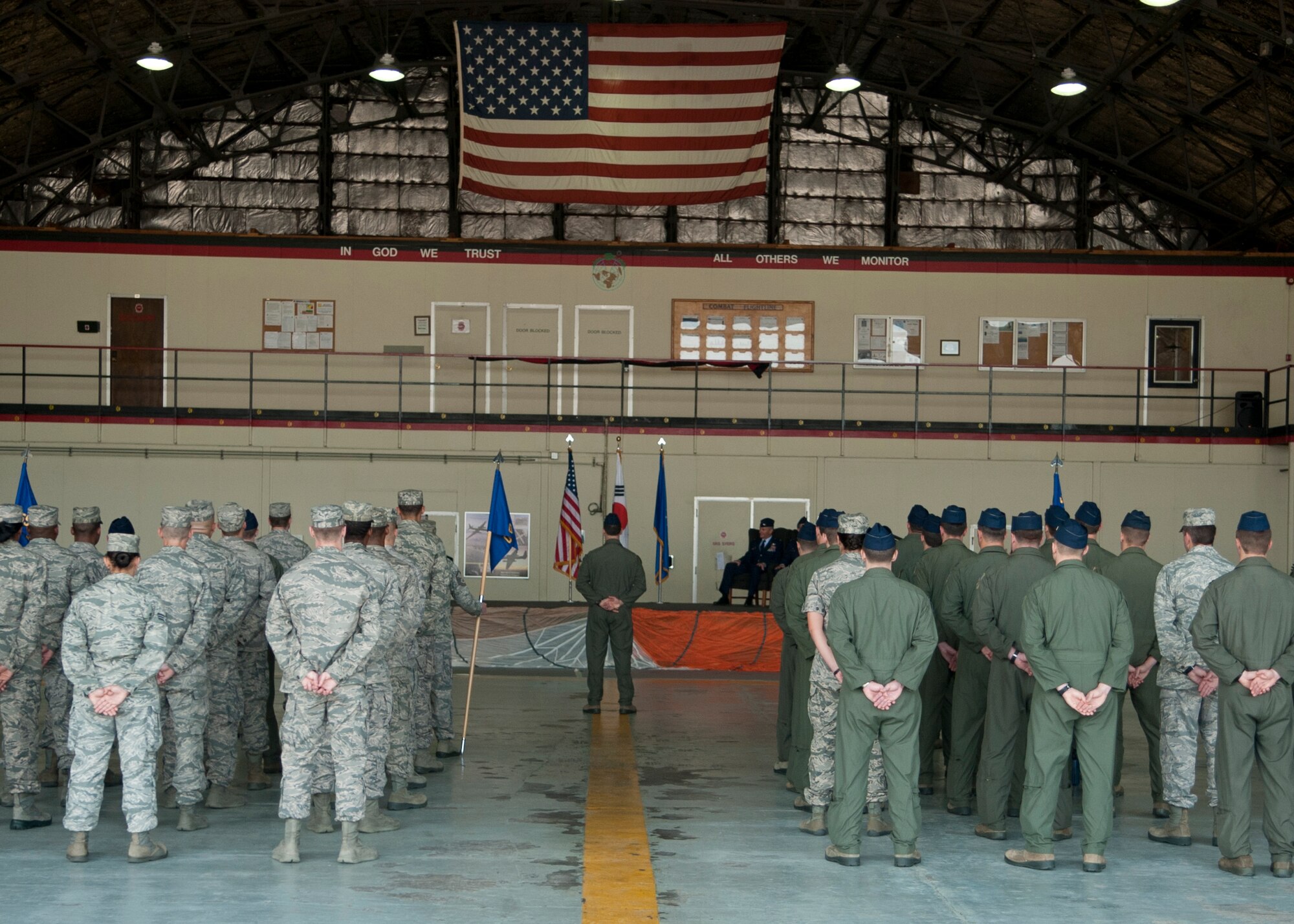 Members of the 51st Operations Group stand in formation during the 51st OG change of command ceremony at Osan Air Base, Republic of Korea, June 7, 2013. The mission of the 51st OG is to provide survivable, reliable and precise airpower in both air-to-ground and air-to-air missions to support joint and combined forces on the Korean peninsula. (U.S. Air Force photo/Senior Airman Siuta B. Ika)