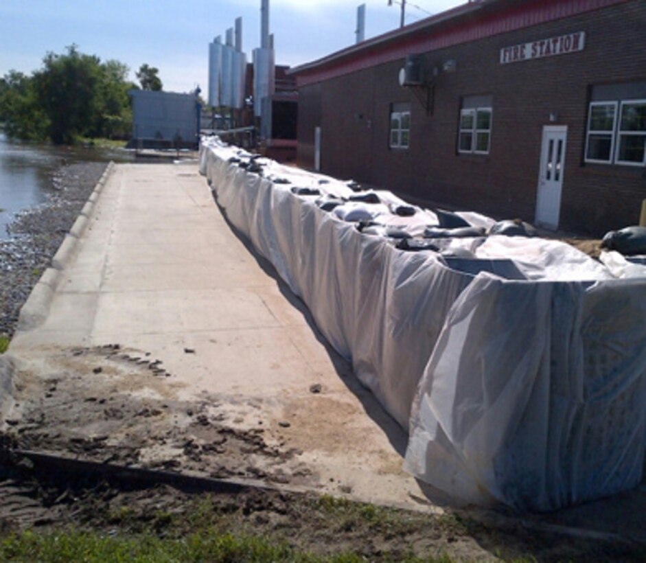 HESCO barriers protect the fire station in Vinton, Iowa, during spring flooding.