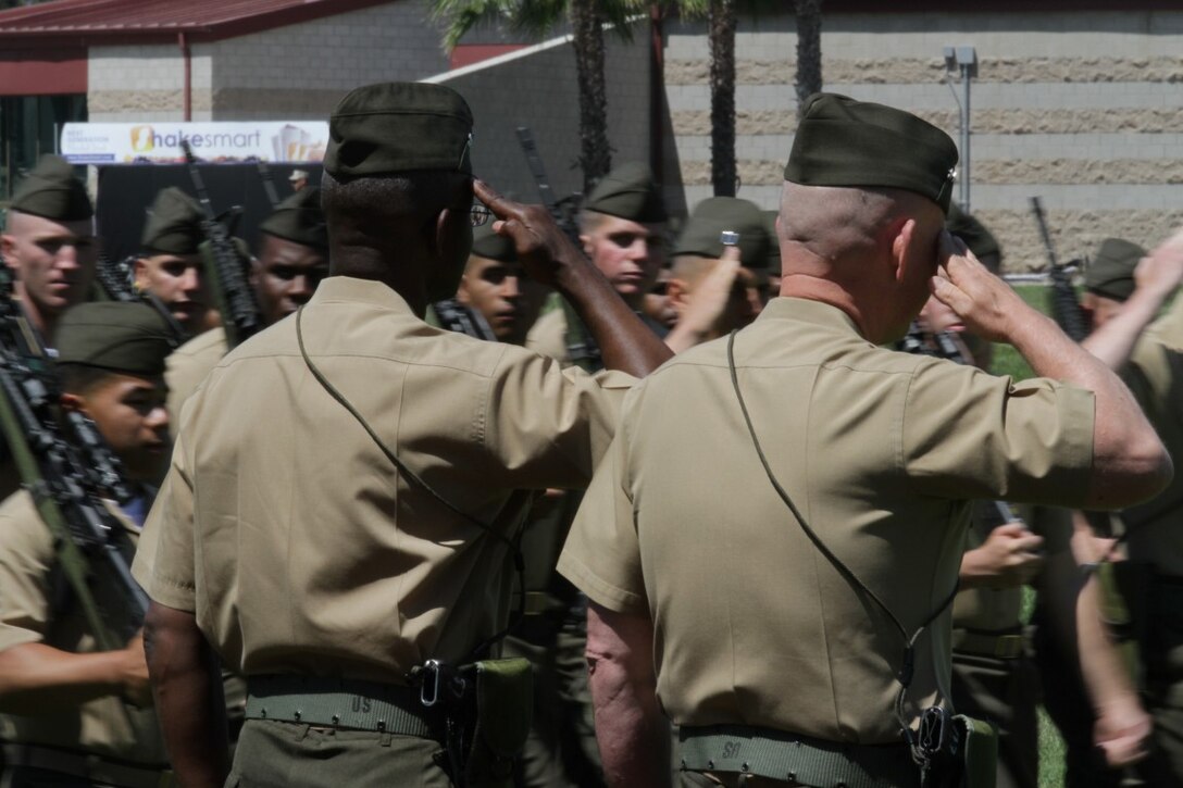 Major Gen. Ronald L. Bailey, the former commanding general of 1st Marine Division, and Maj. Gen. Lawrence D. Nicholson, the new commanding general of 1st Marine Division, salute the Marines of the division during a change of command ceremony here, June 10, 2013. Major Gen. Nicholson, a native of Toronto, Canada, served as the operations officer for the International Security Assistance Forces in Kabul, Afghanistan, before assuming command of the division.