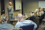 Lt. Gen. William Webster, deputy commander of U.S. Northern Command, talks with senior enlisted leaders who visited North American Aerospace Defense Command and USNORTHCOM this week as part of the Keystone course. 