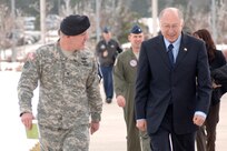Lt. Gen. H Steven Blum, left, chief of the National Guard Bureau, and Lt. Gen. William Webster, center, deputy commander of U.S. Northern Command, discuss the 2007 military response to Hurricane Dean during USNORTHCOM's Hurricane Preparation Conference at Peterson Air Force Base, Colo., on March 14, 2008. Adjutants general from hurricane-prone states and territories participated in the third annual conference, along with representatives from the Department of Homeland Security, FEMA, Navy, Coast Guard, Army, Air Force and Canada Command. 