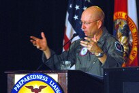 Gen. Gene Renuart, commander of U.S. Northern Command, speaks to attendees of the 2008 Joint Emergency Preparedness Liaison Officer Workshop on March 4, 2008, in Miami, Fla. More than 600 Emergency Preparedness Liaison Officers from the Army, Navy, Air Force, Marine Corps and Coast Guard attended the weeklong conference. Known as EPLOs, these officers become familiar with local and state response plans and advise states and regions on the capabilities of their services. 