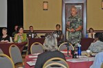 Air Force Maj. Gary Frunz, U.S. Northern Command’s interim joint regional medical plans and operations officer for FEMA Region 8, discusses the mental health consequences of a potential pandemic flu at the Continental Divide Disaster Behavioral Health Conference in Colorado Springs, Colo., on July 10, 2008. 