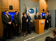 FEMA Administrator Paulison at the podium during a press conference at FEMA headquarters. FEMA is hosting their First Hurricane Awareness Day at FEMA headquarters to highlight the federal government's preparations for the 2008 Hurricane Season. On the dais; L-R, Mr. James. J. Madon, Director and Deputy Manager of the National Communications System in the Department of Homeland Security, Major General Guy C. Swan III, Chief of Operations for Headquarters, U.S. Northern Command, Ms. Mary S. Elcano, Acting President and CEO, American Red Cross, Admiral Thad W. Allen, Commandant, U.S.Coast Guard, FEMA Administrator David Paulison (at podium), DHS Secretary, Michael Chertoff, Mr. Paul McHale, Assistant Secretary of Defense for Homeland Defense, Dr. Gerald Parker, Principal Deputy Assistance Secretary for Preparedness and Response, U.S. Department of Health and Human Services, Major General William H. Etter, Acting Director of the Joint Staff, National Guard Bureau. FEMA/Bill Koplitz