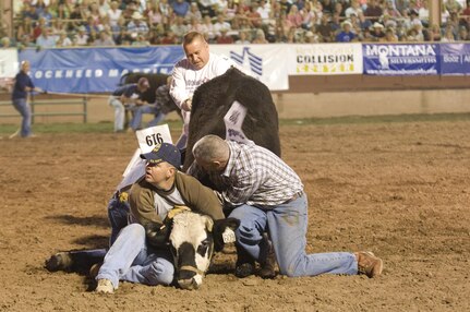 The "J6 Cyber Range Riders" wild cow milking team from North American Aerospace Defense Command and U.S. Northern Command finished second in preliminary competition at the Pikes Peak or Bust Rodeo in Colorado Springs, Colo., on July 11, 2008. Team members are: Army Sgt. Maj. Archie Ramos (milking cow), Navy Chief Petty Officer Shawn Wise (sitting), Senior Master Sgt. Pete Palmer (standing) and Army Col. Michael Curry (kneeling). The team placed second in the rodeo finals the next day. The rodeo is a charitable organization dedicated to funding programs and services that benefit local military personnel and their families. 