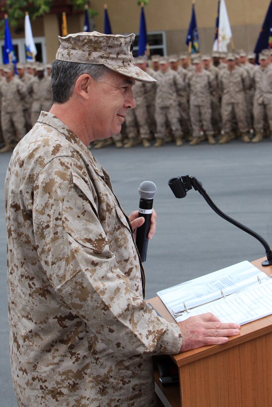 Navy Capt. Dan Cornwell, incoming commanding officer of Field Medical Training Battalion West, delivers his speech during a change of command ceremony at Camp Pendleton, June 7. Cornwell relieved Navy Capt. Michael Eby as the commanding officer of FMTB-West.