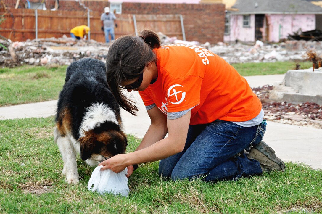 Airman Basic Brittany Orellan, 363rd Training Squadron, Sheppard Air Force Base, Texas, gives “Twister” water out of a makeshift bowl created from a plastic bag. The dog was found wandering among the remains of houses torn apart by the EF-5(Enhanced Fujita Scale) tornado that ripped through Moore, Okla. May 20. The tornado was reportedly on the ground for 39 minutes and carved a path through neighborhoods for more than 17 miles. Orellana is an Airman in Training in ammunition and is from Mukilteo, Wash. (U.S. Air Force photo/Kimberly Goff /Released)
