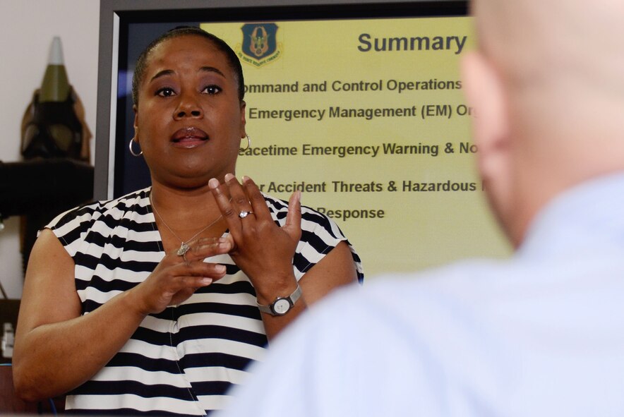 Josephine Atkins, 94th Emergency Management chief, met with the council on June 6 in the Emergency Operations Center and explained how the EOC integrates with agencies on base and the surrounding community during an emergency. Members of the 94th Airlift Wing hosted the Hercules Council, a grassroots community relations program named in honor of its trademark transport aircraft fleet. (U.S. Air Force photo/Don Peek)