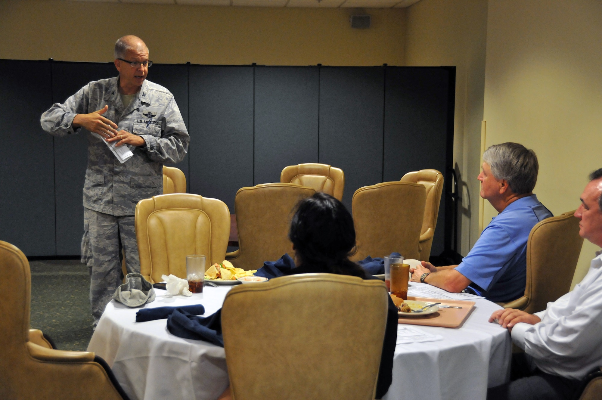 Col. Timothy Tarchick, 94th Airlift Wing commander, briefs members of the Hercules Council on issues effecting the wing, the base and sussrounding communities on June 6 at the Consolidated Club. Members of the 94th Airlift Wing hosted the Hercules Council, a grassroots community relations program named in honor of its trademark transport aircraft fleet. (U.S. Air Force photo/Senior Airman Elizabeth Van Patten)