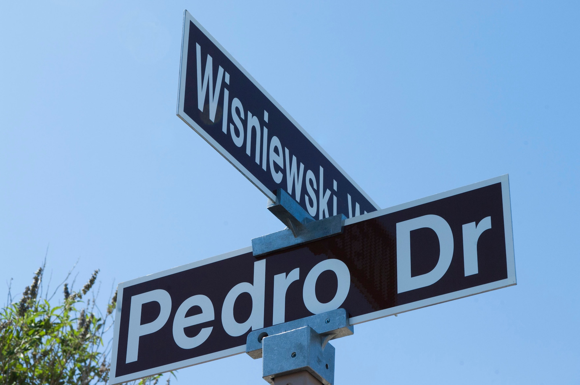 The name of Capt. David Wisniewski is displayed on a street sign in front of the 66th Rescue Squadron at Nellis Air Force Base, Nev. During a ceremony June 10, 2013, three streets were renamed in honor of the PEDRO 66 crew, whose HH60G Pave Hawk helicopter was shot down during rescue operations. (U.S. Air Force photo by Airman 1st Class Joshua Kleinholz)