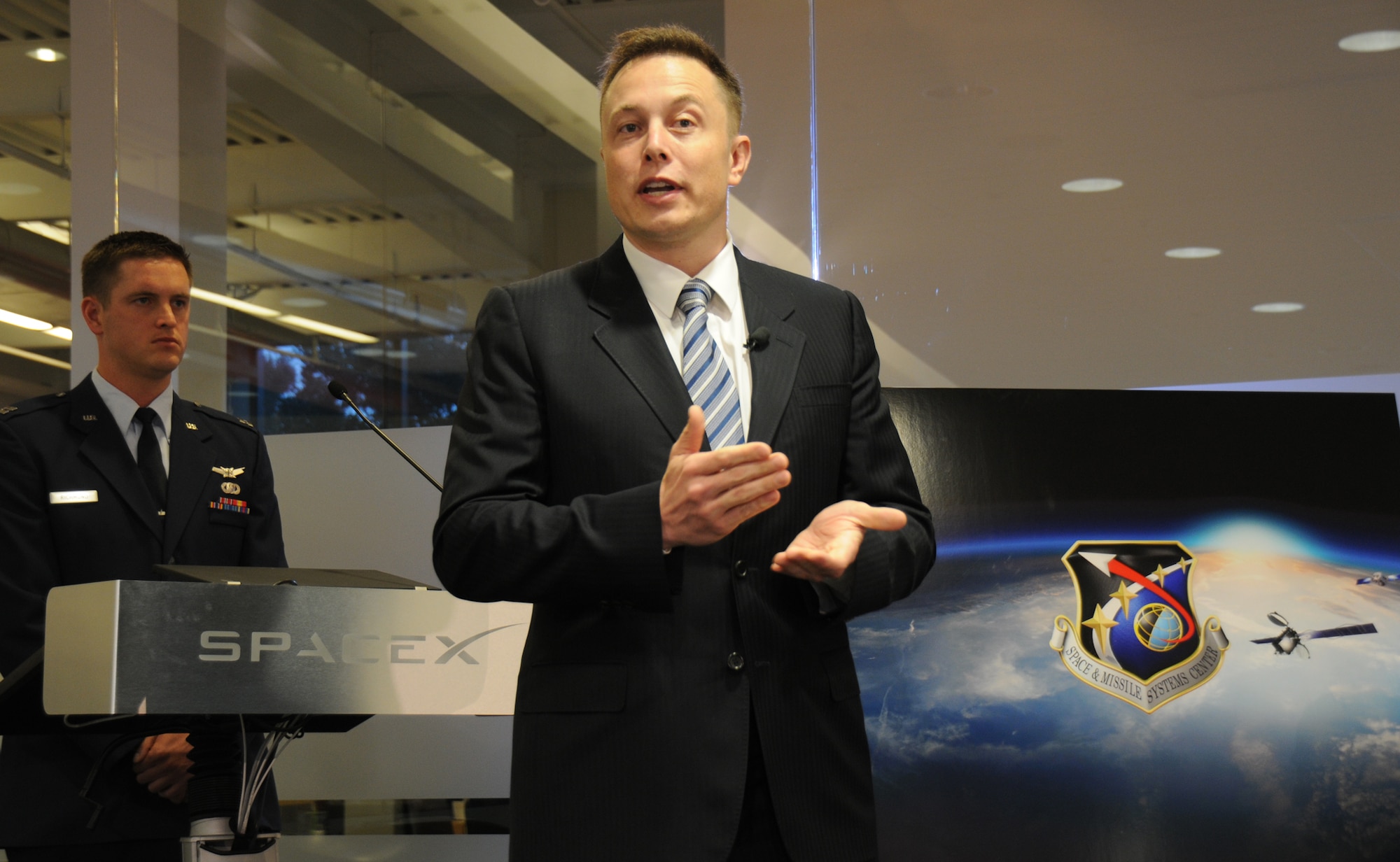 Elon Musk, SpaceX CEO, speaks at the Cooperative Research and Development Agreement signing ceremony, June 7. (Photo by Joe Juarez)