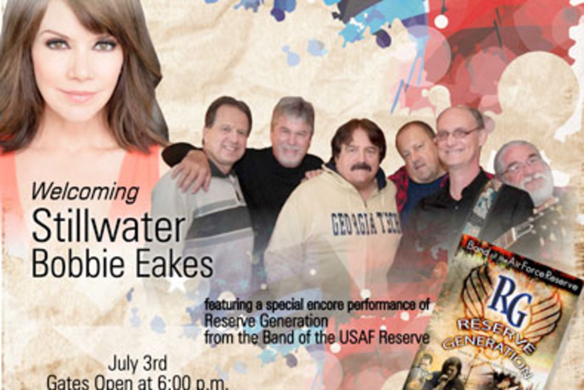 Reserve Generation from the Band of the Air Force Reserve along with Stillwater and Bobby Eakes will perform at the 31st annual Independence Day Celebration at McConnell Talbert Stadium July 3. This year’s event is sponsored by the City of Warner Robins. Gates open at 6 p.m. for this free concert and fireworks display. (U.S. Air Force graphic/Maureen Smith)