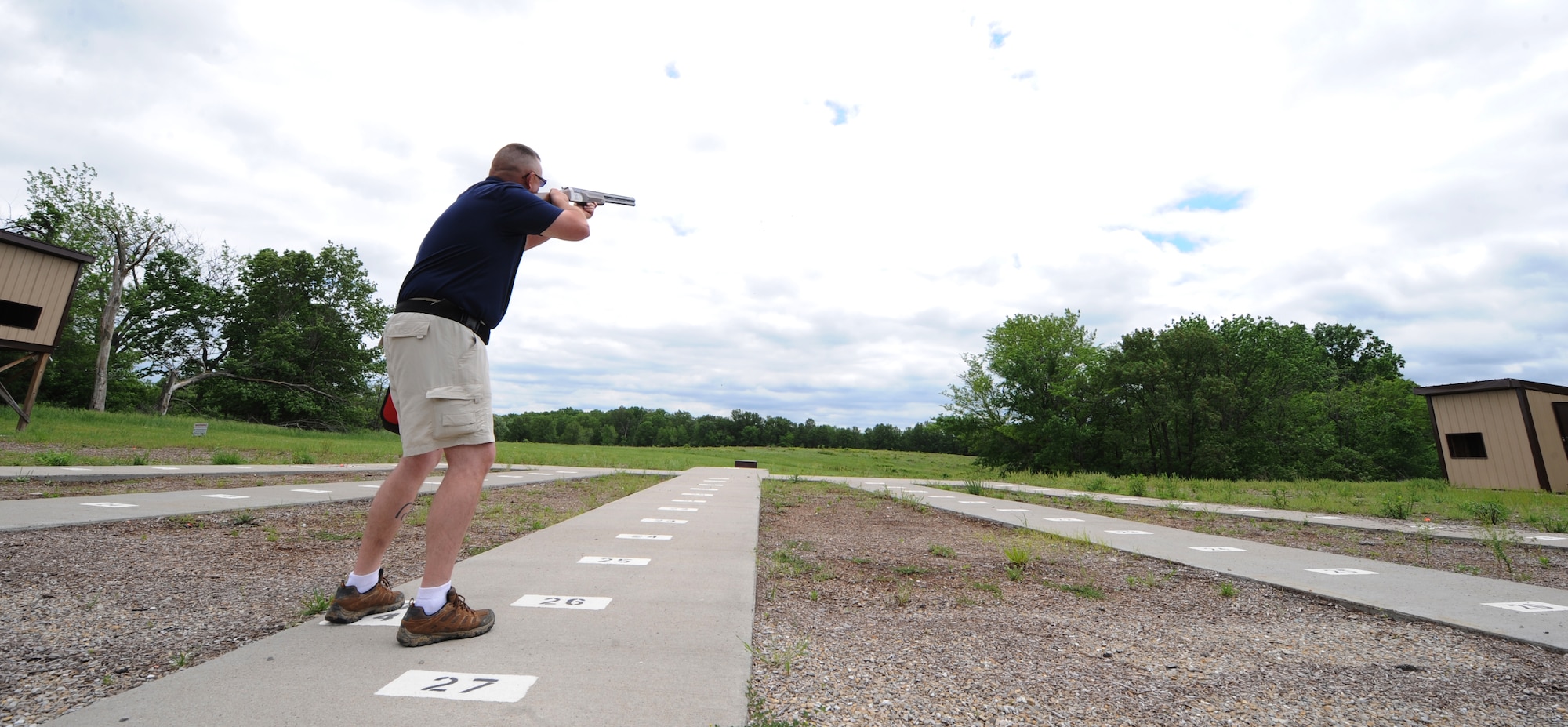 Senior Master Sgt. Frederick Transburg, Air Force Reserve recruiter, shoots clay pigeons at the Whiteman Air Force Base Skeet and Trap Range, May 22, 2013. The range is open year-round to all military members. Registered members of the range are allowed to bring non-military guests.  The one-time membership fee is $30, and a box of 135 clay pigeons from Outdoor Recreation is $11. (U.S. Air Force photo by Staff Sgt. Alexandra M. Boutte/Released)