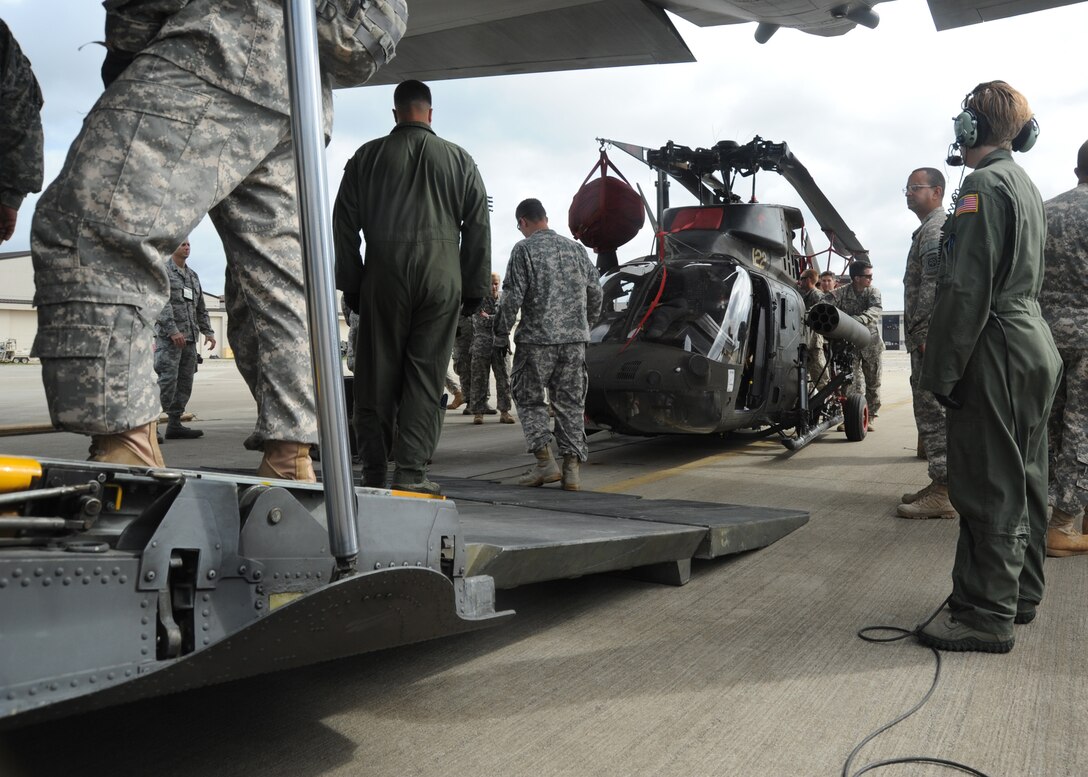 Soldiers with 1st Squadron, 17th Cavalry Regiment, Combat Aviation Brigade, load an OH-58D Kiowa Warrior armed reconnaissance helicopter into a C-130H medium transport aircraft at Pope Field, N.C., on June 2, 2013.  1st Squadron is the Air Cavalry Reconnaissance Squadron of the Combat Aviation Brigade, 82nd Airborne Division stationed at Fort Bragg, North Carolina.  (Air Force photo by Tech. Sgt. Peter R. Miller)