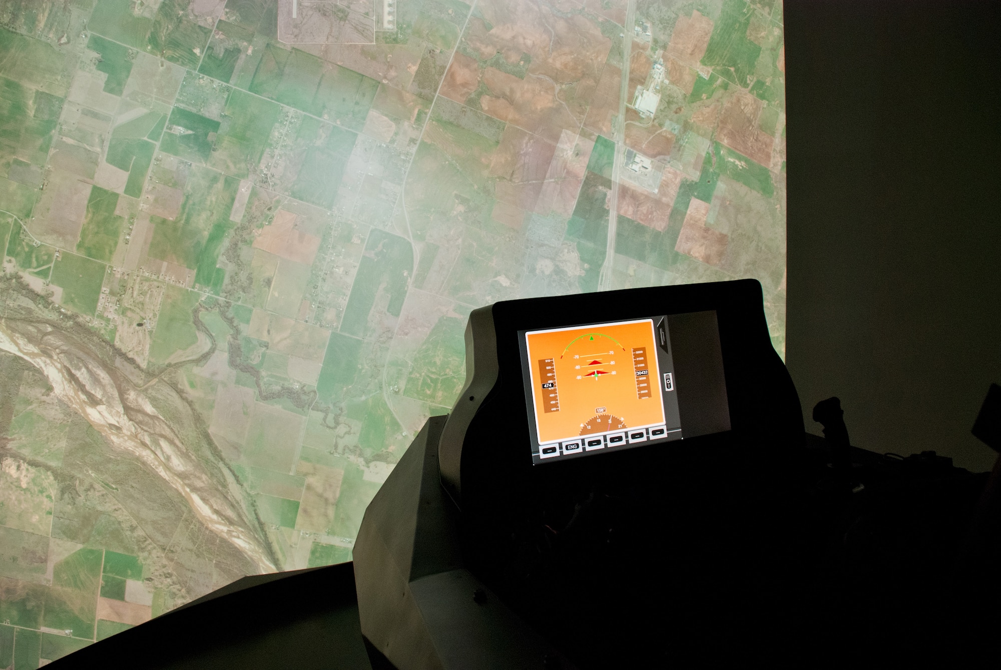 View of cockpit display and scene generated in the OBVA Laboratory.  Photo credit: Mr. Rick Eldridge.