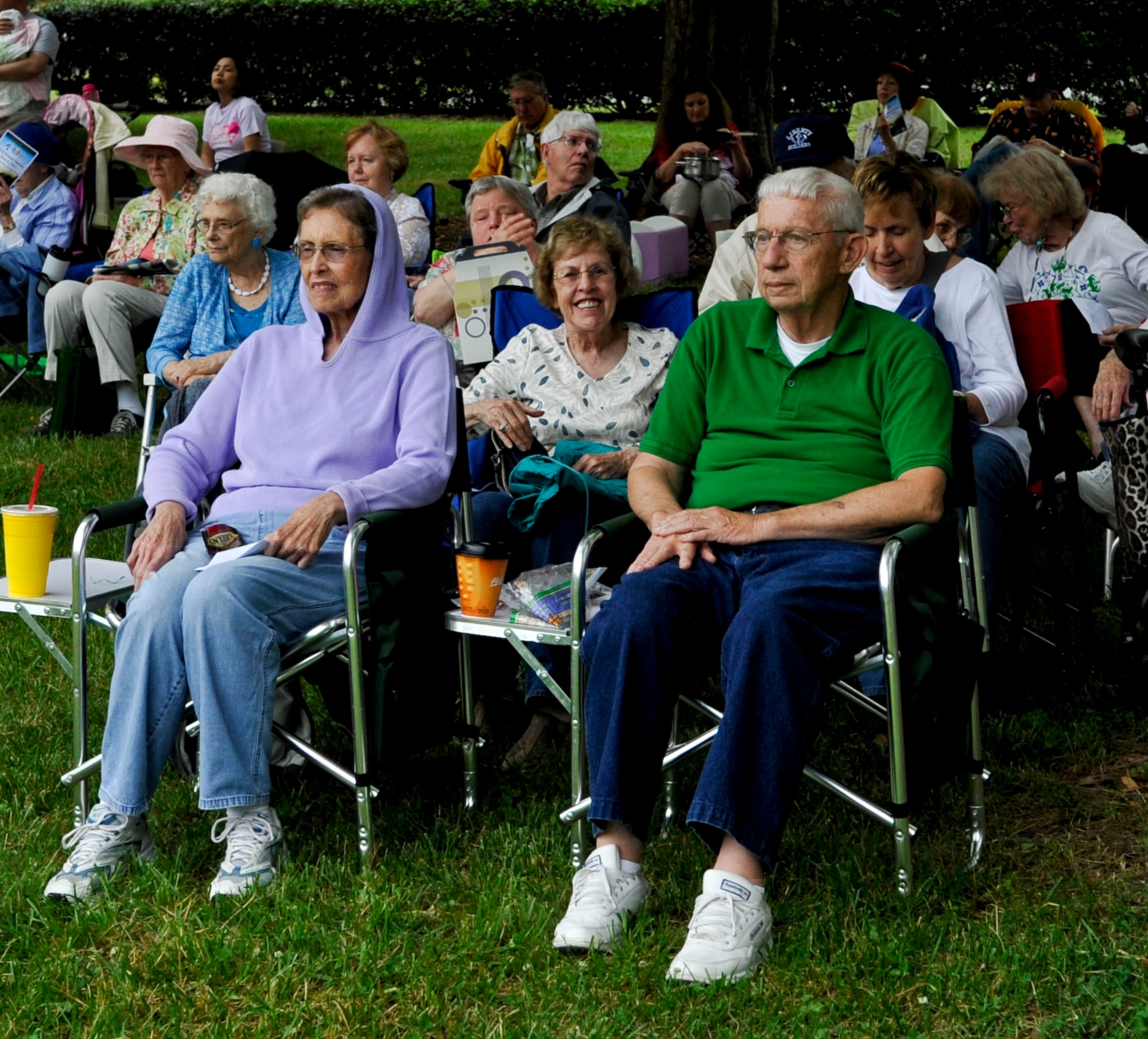 Marian and Frank Supplee, residents of Yorktown, Va., enjoy the music of the U.S. Army Training and Doctrine Command Band during the “Music Under the Stars” kickoff event, June 6, 2013, at Fort Eustis, Va. The music series which is now in its 81st year is scheduled to hold concerts every Thursday evening at 7 p.m. through the month of August. (U.S. Air Force photo by Staff Sgt. Wesley Farnsworth / Released)