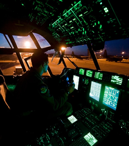 U.S. Air Force Capt. Jonathan Ferricher, 39th Airlift Squadron, prepares a C-130J for flight June 4, 2013, at Dyess Air Force Base, Texas. The Denton Amendment allows the U.S. military aircraft to transport, on a space-available basis, humanitarian supplies from non-government organizations to people around the world who are in need of assistance.  The 317th Airlift Group transported the supplies to Pope Army Airfield, N.C., where it will be taken to Joint Base Charleston Air Base, S.C., and then to Afghanistan. The supplies were donated by Global Samaritan Resources.  (U.S. Air Force photo by Senior Airman Jonathan Stefanko/Released)