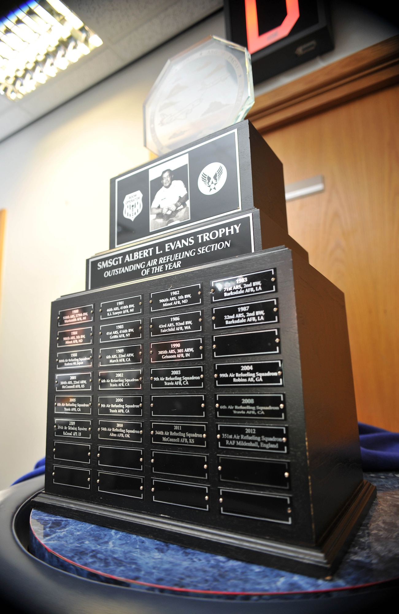 The Senior Master Sgt. Albert L. Evans Outstanding Refueling Section of the Year award is displayed in the 351st Air Refueling Squadron June 11, 2013, at RAF Mildenhall, England. This marks the first time in its history that a unit in the United States Air Forces in Europe has received the award. (U.S. Air Force photo by Staff Sgt. Jerilyn Quintanilla/Released)