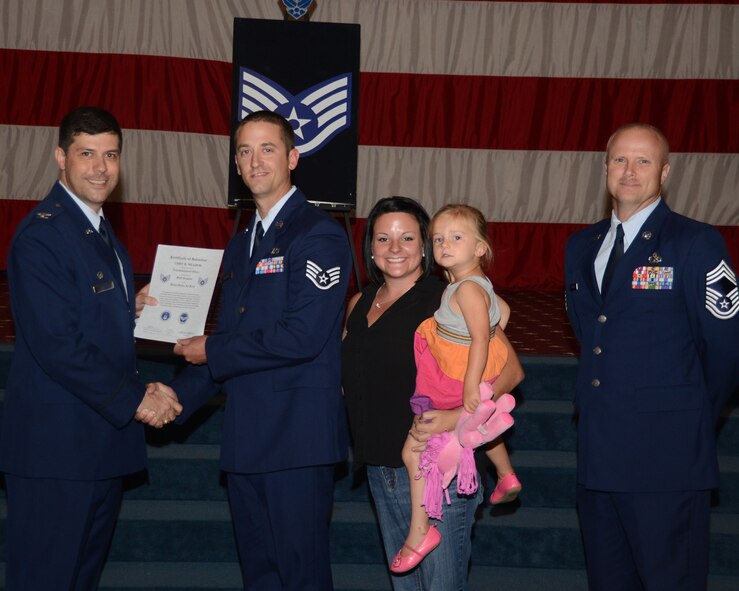Staff Sgt. Cody Meador, 2nd Civil Engineer Squadron, receives a certificate of promotion to staff sergeant from Col. Andrew Gebara, 2nd Bomb Wing commander, during the June Wing Promotion Ceremony on Barksdale Air Force Base, La., June 3, 2013. (U.S. Air Force photo/Staff Sgt. Amber Corcoran)