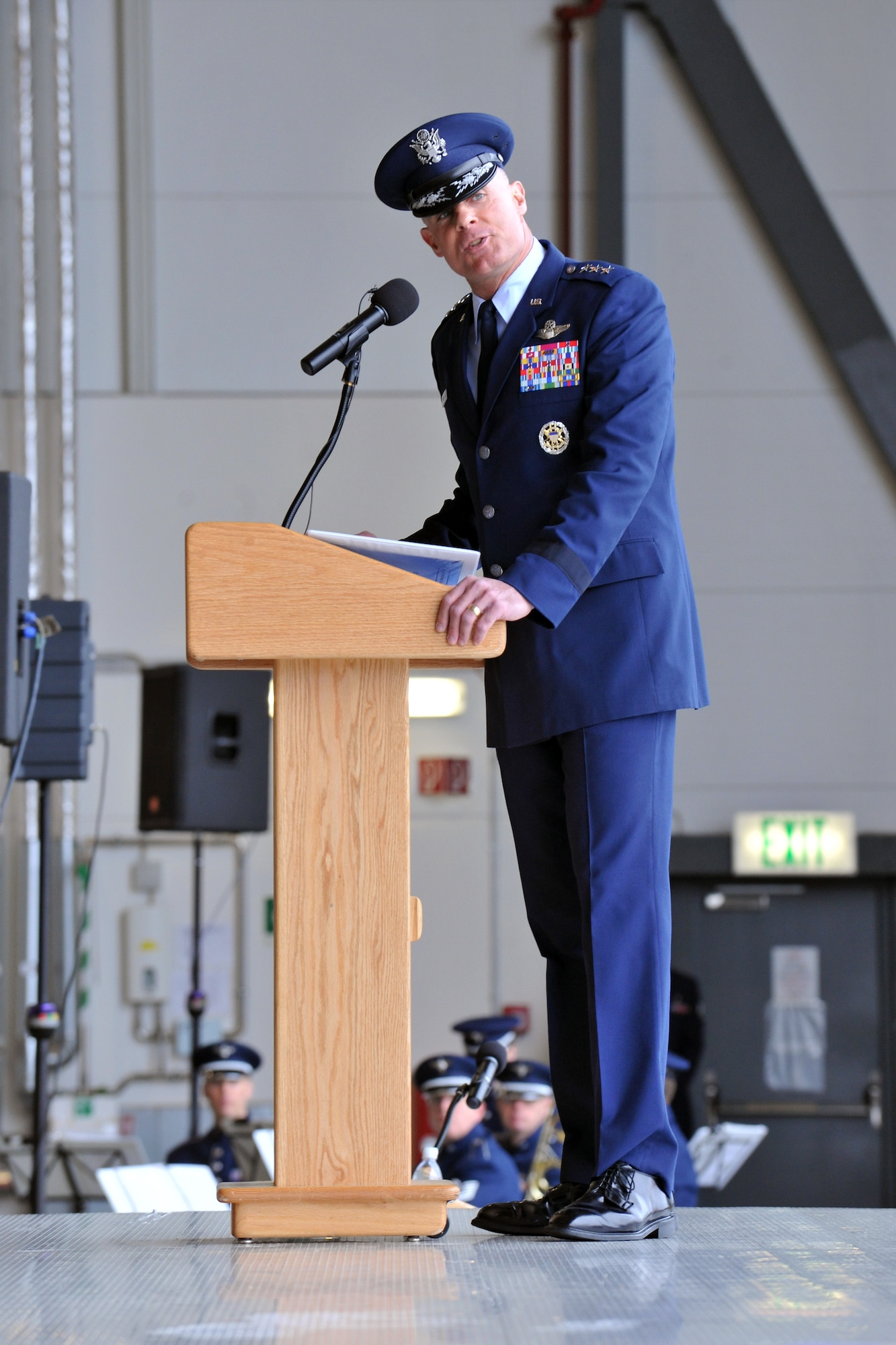 Lt. Gen. Craig A. Franklin, 3rd Air Force commander, speaks during the 86th Airlift Wing change of command ceremony, June 10, 2013, Ramstein Air Base, Germany. During the ceremony Brig. Gen. Patrick X. Mordente assumed command of the largest wing in Europe from Brig. Gen. C.K. Hyde. (U.S. Air Force photo/Senior Airman Chris Willis)