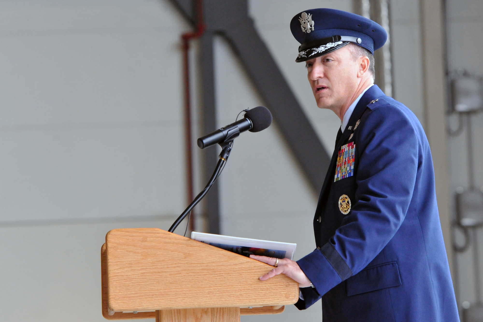 Brig. Gen. Patrick X. Mordente, 86th Airlift Wing commander, gives his initial speech during the wing change of command ceremony, June 10, 2013, Ramstein Air Base, Germany. Mordente assumed command of the largest wing in Europe from Brig. Gen. C.K. Hyde. (U.S. Air Force photo/Senior Airman Chris Willis)