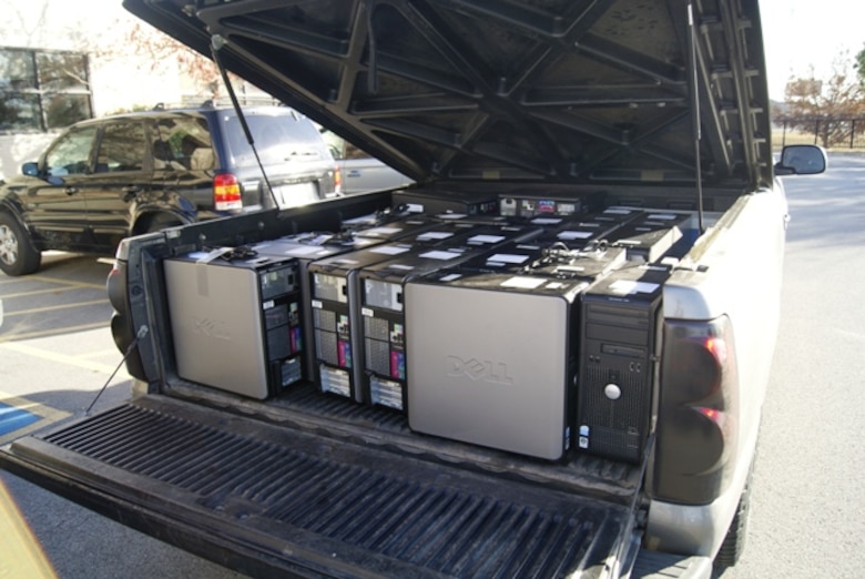 A truckload of computers is ready to be donated to schools by the Tulsa District U.S. Army Corps of Engineers. The hard drives of the computers are stripped clean to avoid the declassification of sensitive information and the schools are connected with a third-party company that can give them new hard drives and software for the computers at a fraction of the cost that buying any other computer would cost.