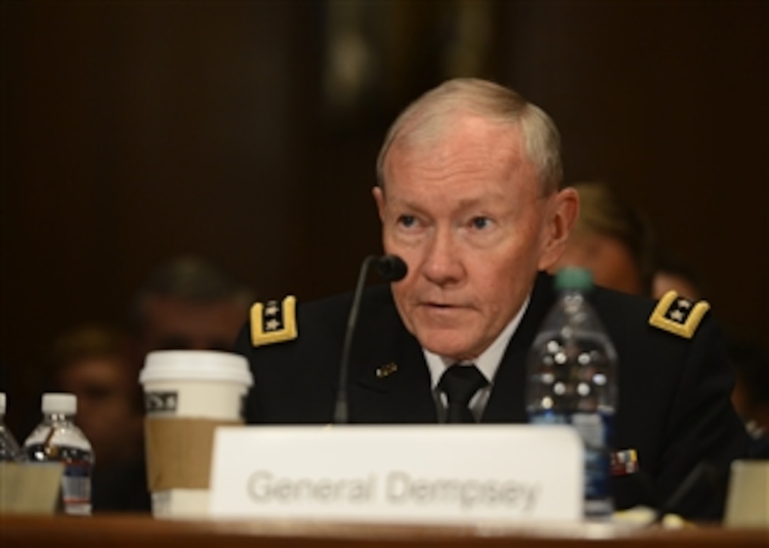 Chairman of the Joint Chiefs of Staff Gen. Martin E. Dempsey testifies before the Senate Appropriations Subcommittee on Defense in the Dirksen Senate Office Building in Washington, D.C., on June 11, 2013.  Dempsey joined Secretary of Defense Chuck Hagel in defending the president’s request for $526.6 billion for the Defense Department’s fiscal year 2014 budget