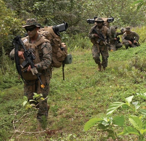 Marines patrol through the jungle March 19, 2013, at Naval Computer and Telecommunications Area Master Station Guam during a field training exercise as part of Exercise Guahan Shield. Marines conducted a force-on-force FTX to enhance their combat readiness March 19-21. The Marines are with Company L, 3rd Battalion, 6th Marine Regiment, currently assigned to 4th Marine Regiment, 3rd Marine Division, III Marine Expeditionary Force, under the unit deployment program. They are wearing the Marine Corps combat utility uniform with its unique Marine digital pattern. Marine Corps Systems Command and the Army Natick Soldier Research, Development and Engineering Center received the 2013 Millson Award from the American Association of Textile Chemists and Colorists for the uniform's design and innovations.