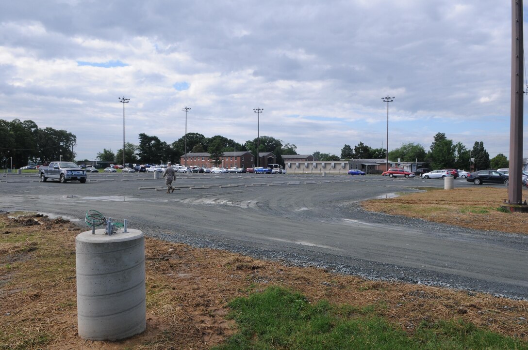 Lights are still in the process of being installed in the gravel parking lot that used to be Freeny Field. The lot opened June 6, 2013, to provide parking for Marine Corps University while the school’s two largest parking lots are closed for construction. 