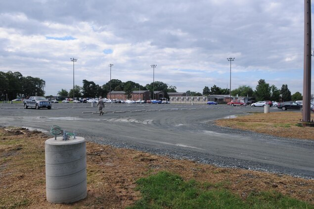 Lights are still in the process of being installed in the gravel parking lot that used to be Freeny Field. The lot opened June 6, 2013, to provide parking for Marine Corps University while the school’s two largest parking lots are closed for construction. 