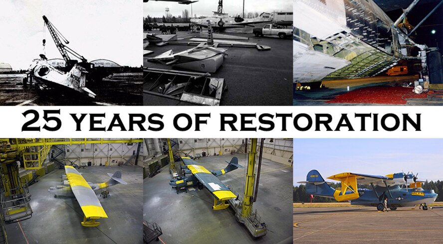 The restoration of the SA-10 Catalina took more than 30,000 man-hours to complete. Volunteers had to repair, remanufacture and refabricate nearly every section of the aircraft. (U.S. Air Force illustration/Airman 1st Class Jacob Jimenez) 