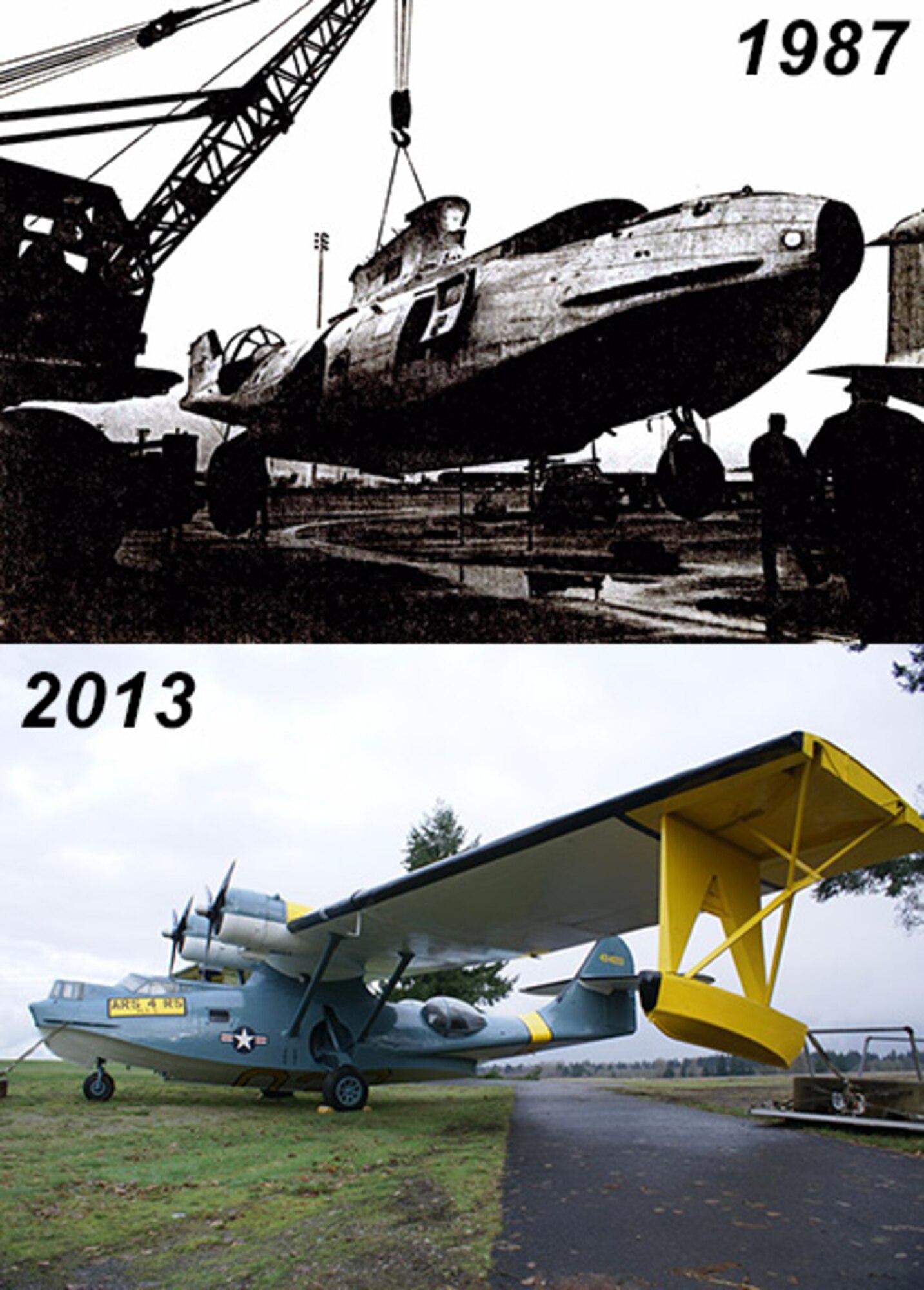 For more than 25 years, volunteers from the McChord Air Museum worked to restore the SA-10 Catalina. The SA-10, also known as the PBY, crashed in Wisconsin in 1983. It was delivered to the museum here in December 1987 and completed November 2012. (U.S. Air Force illustration/Airman 1st Class Jacob Jimenez) 