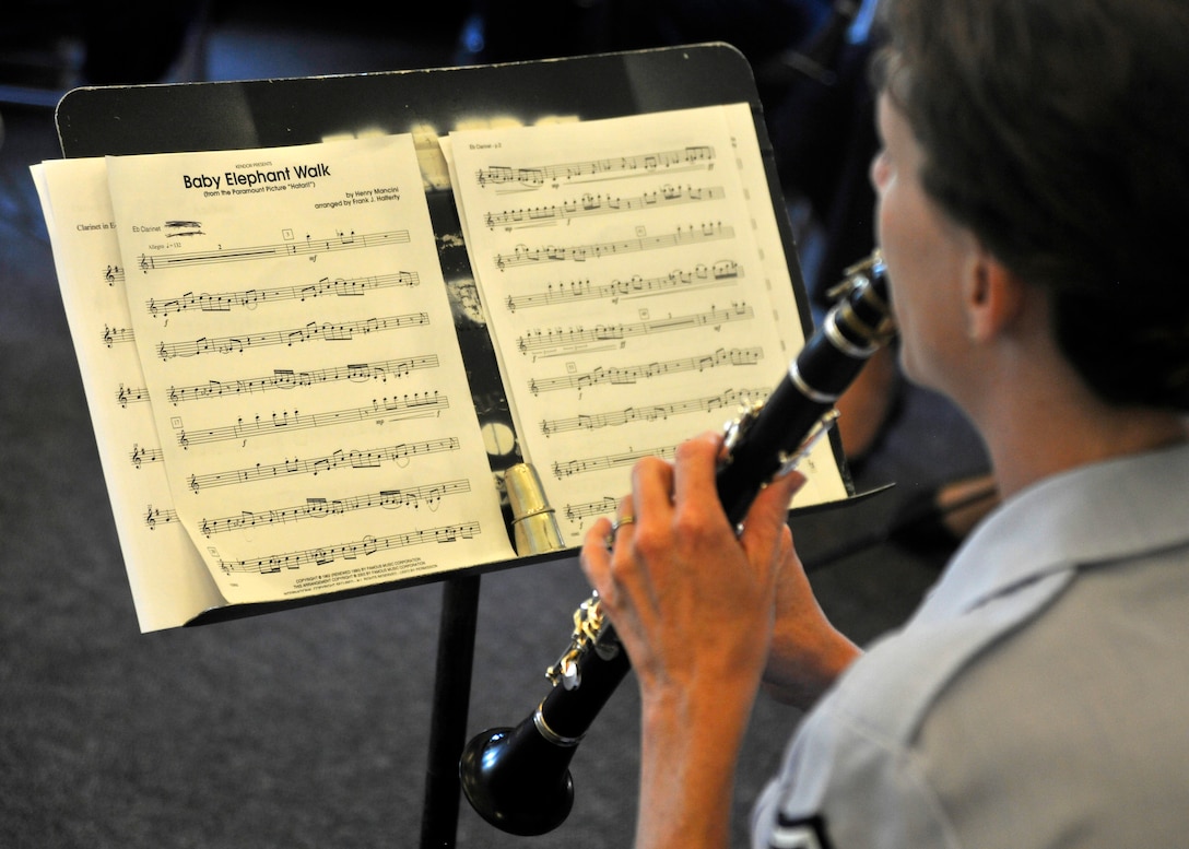 A member of The U.S. Air Force Band's Clarinet Choir performs "Baby Elephant Walk" by Henry Mancini at the Joint Base Anacostia Bolling Child Development Center II June 16, 2013. CDC II students spent the morning enjoying the choir's music which also included children's songs such as "Twinkle Twinkle Little Star" and the theme song to the cartoon animation Sponge Bob Square Pants. (U.S. Air Force photo/Senior Airman Lindsey A. Porter)