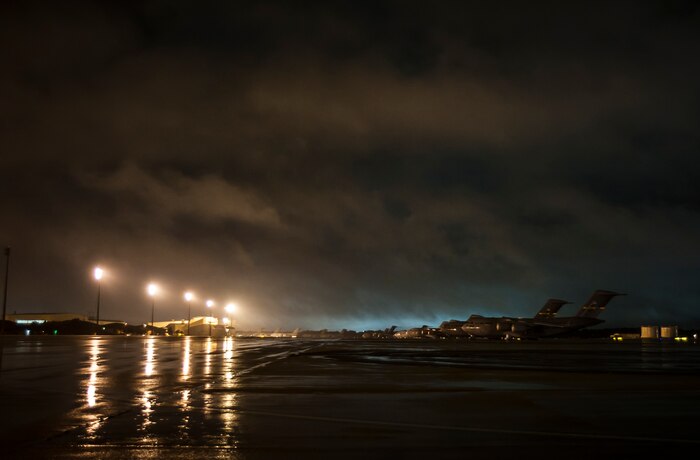C-17 Globemaster III’s are chained to the flightline due to  approaching tropical storm Andrea June 6, 2013, at Joint Base Charleston – Air Base, S.C. The storm’s projected intensity was not strong enough to warrant evacuation, but the aircraft were chained as a precaution. (U.S. Air Force photo/ Senior Airman Dennis Sloan)