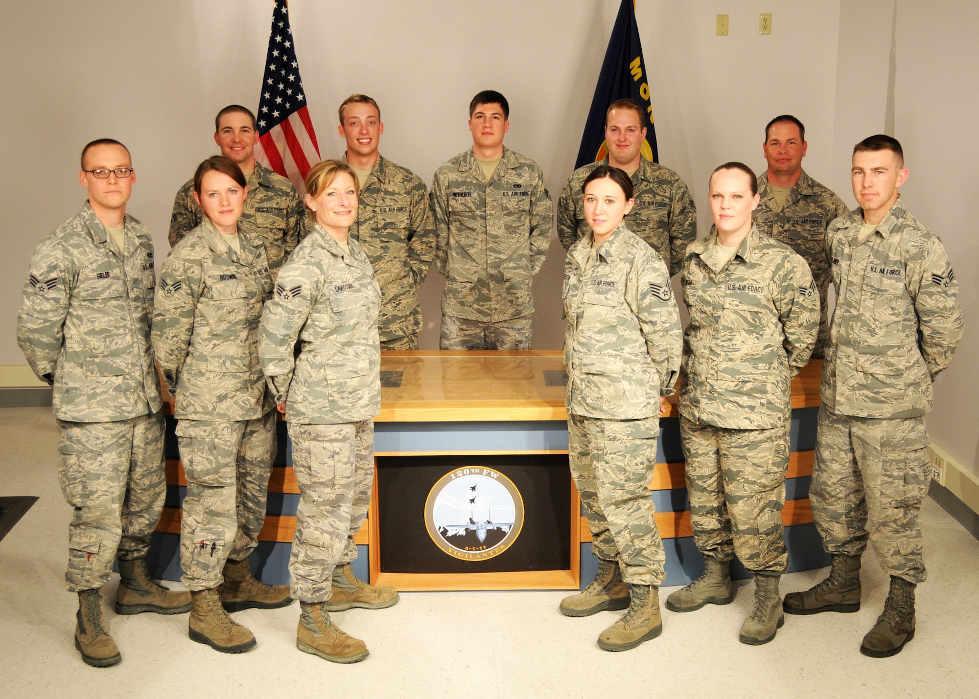 The first class made up of Montana Air National Guard Airmen to attend the Satellite Airman Leadership School pose for a class photo on their second day of instruction at the 120th Fighter Wing in Great Falls, Mont. on May 5, 2013.  (U.S. Air Air Force photo/Senior Master Sgt. Eric Peterson)
