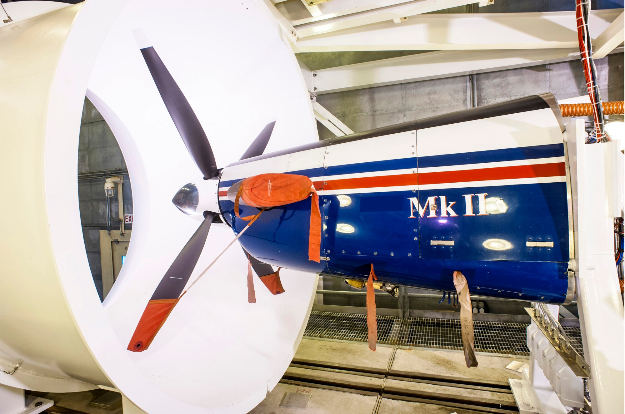The Pratt & Whitney Canada PT6A-68 turboprop engine installed in AEDC’s SL-1 test cell includes a special shroud to provide a simulated flight environment for the propeller. Without the shroud the propeller would create a pulse every time the blade passes at the closet point to the bottom of the test cell. (Photo by Rick Goodfriend)