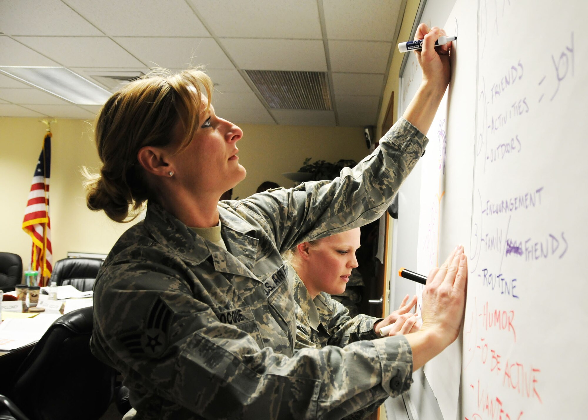 Senior Airman Julie LaRocque completes a class assignment during the second day of instruction of the Satellite Airman Leadership School taught at the 120th Fighter Wing in Great Falls, Mont. on May 5, 2013. (U.S. Air Air Force photo/Senior Master Sgt. Eric Peterson)