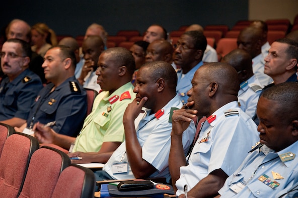 Military officers from the air forces of 16 African countries are at Air War College June 11-13 attending the African Airmen Alumni Symposium, sponsored by U.S. Air Forces Africa. The 39 officers in attendance have graduated from one of Air University’s schools at one point in their military careers. While here, the officers will attend lectures and discussion groups geared toward discussing regional challenges, strengthening key partnerships and encouraging strategic thinking and airpower advocacy.(U.S. Air Force photo by Melanie Rodgers Cox)