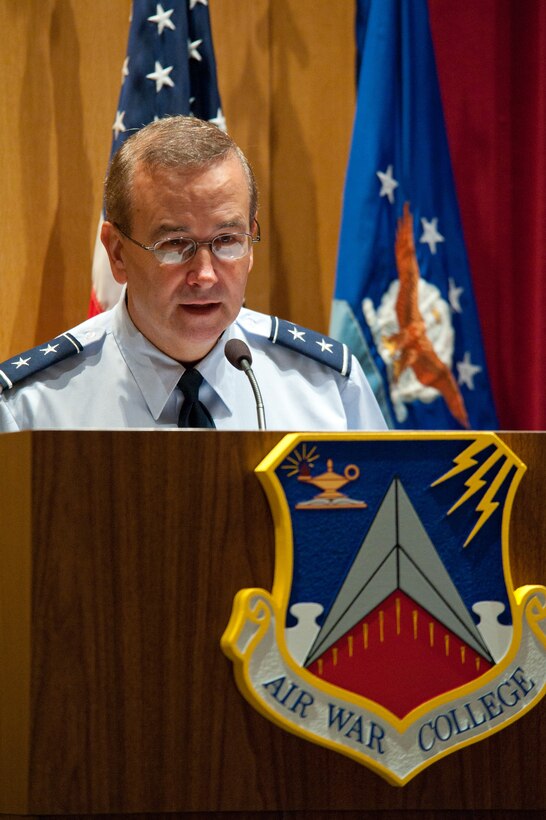 Maxwell AFB, Ala. -  Maj. Gen Donald C. Ralph, Mobilization Assistant to the Commander, U.S. Air Forces Europe; U.S. Air Forces Africa, Commander Air Component Command, Ramstein Air Base, Germany provides the keynote address to the AFRICOM symposium attendees at Air War College, Jun 11, 2013.  The AFRICOM Symposium is an event designed to bring together military members of African nations to build relationships and partnerships with members of other African countries. Many of the attendees are previous graduates from the US Air Force's Air Command & Staff College and/or Air War College.  (US Air Force photo by Melanie Rodgers Cox/Released)
