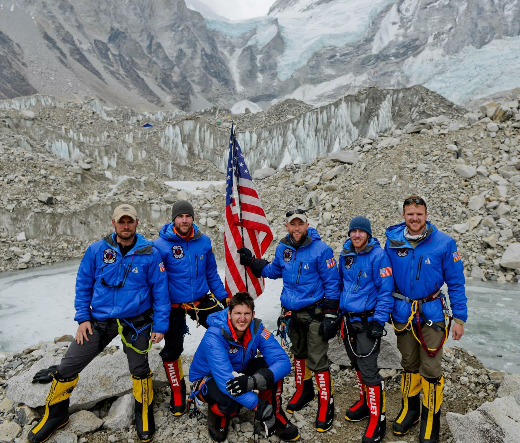 The U.S. Air Force 7 Summits team poses for a picture at Mount Everest's base camp, 17,500 feet up the mountain. They successfully summited Mount Everest May 19. (Courtesy photo by U.S. Air Force Capt. Colin Merrin/Released)