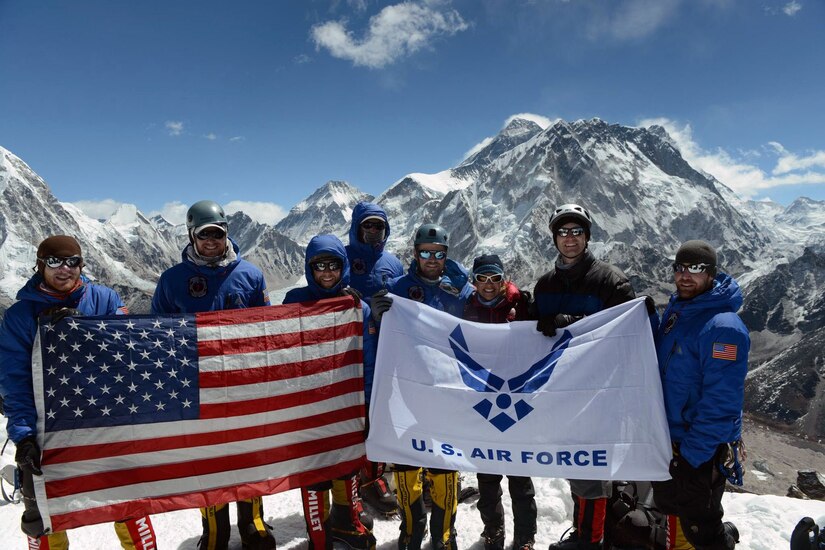 Part of the U.S. Air Force 7 Summits team smiles for a group photo. The team of six Airmen used self-aid and buddy care techniques learned in the Air Force to address injuries sustained on the summit attempt. (Courtesy photo by U.S. Air Force Capt. Colin Merrin/Released)