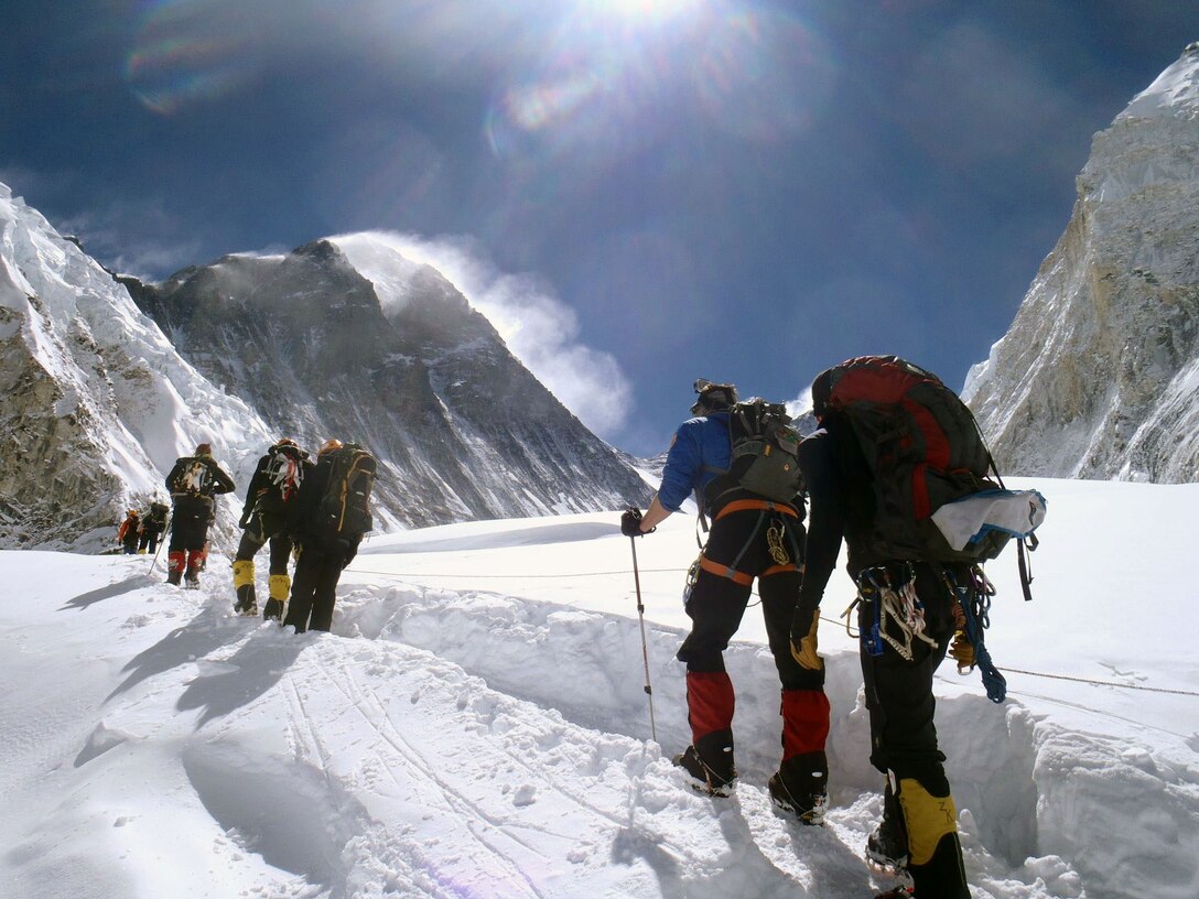 Members of the U.S. Air Force 7 Summits team continue their climb to reach Mount Everest. While two Airmen were forced to turn around, four from the team successfully summited Everest. (Courtesy photo by U.S. Air Force Capt. Colin Merrin/Released)